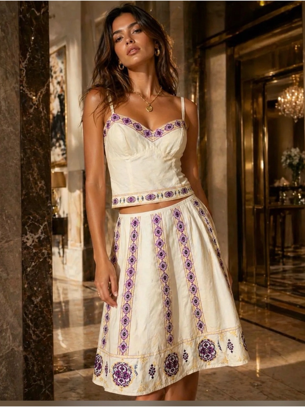 ANTONIO MELANI Cream Two-Piece Embroidered Skirt Set with Purple Trim